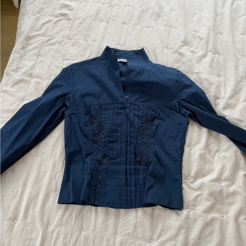 Naracamicie Navy Blue Button-Down Shirt with Pintuck and Embroidery